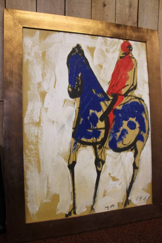 lot 53 image: 1950 Framed Signed Wall Art Man On Horse by Mailo