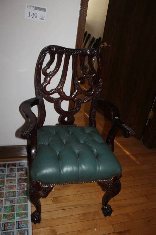 lot 149 image: Wood Formal Claw Leg High Back Dining Chair w Green Leather Seat
