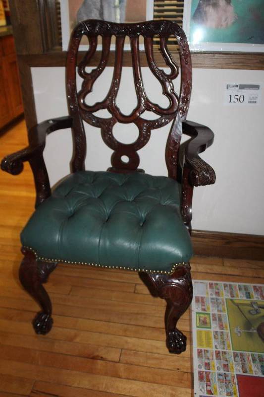 lot 150 image: Wood Formal Claw Leg High Back Dining Chair w Green Leather Seat