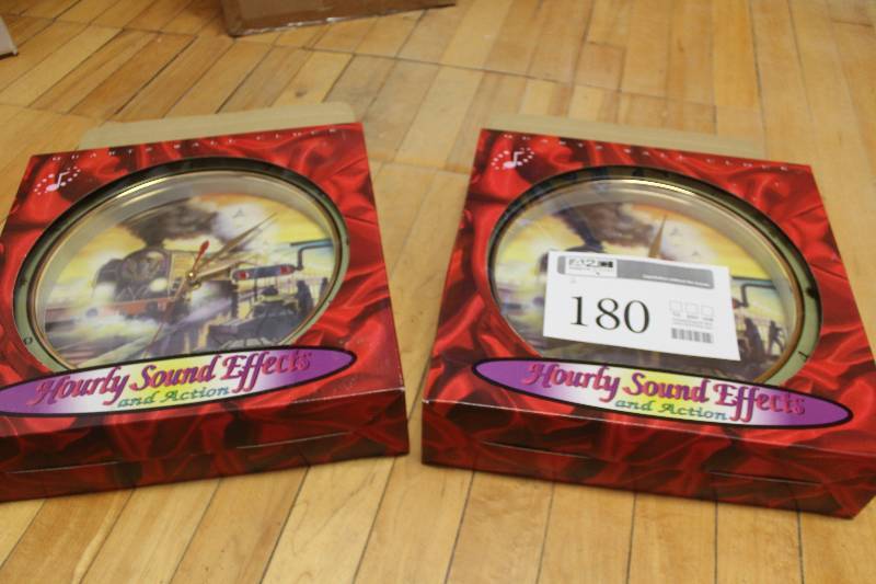 lot 180 image: Lot of (2) Hourly Sound Effects Train Clocks