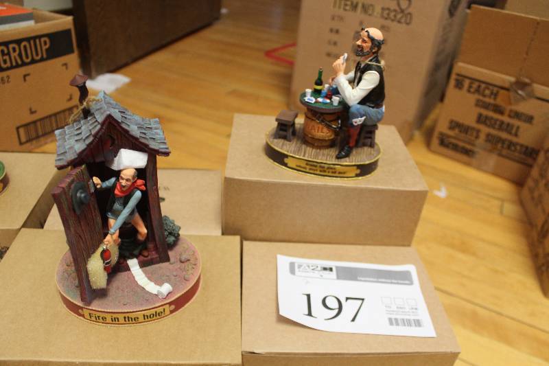 lot 197 image: Lot of (2) Ranch Hands Collectible Figurines Includes Fire In The Hole, Around This Place Noone Plays With A Full Deck In Box