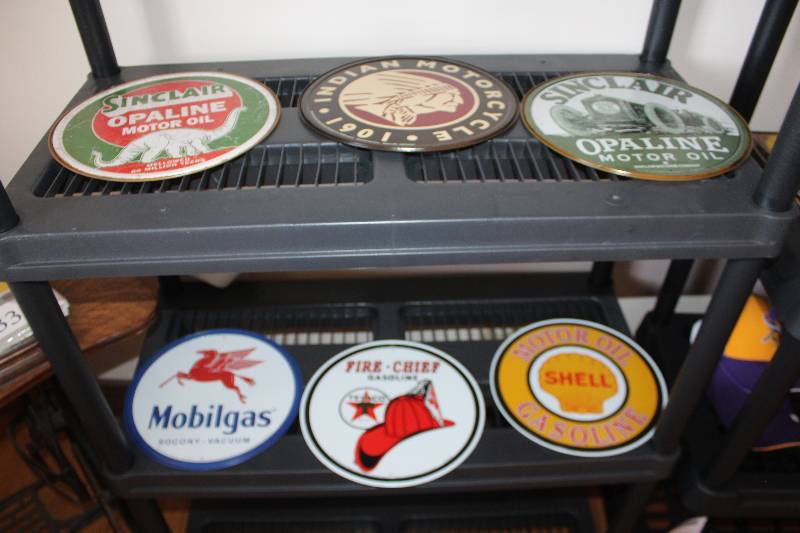 lot 344 image: Lot of (6) Vintage Automobile Signs Includes Sinclair,Indian,Mobilgas,Fire Chief,Shell