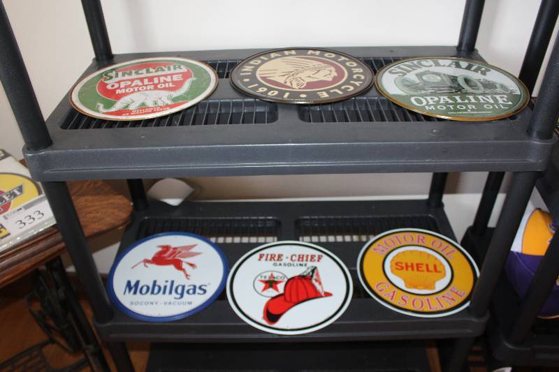 lot 343 image: Lot of (6) Vintage Automobile Signs Includes Sinclair,Indian,Mobilgas,Fire Chief,Shell