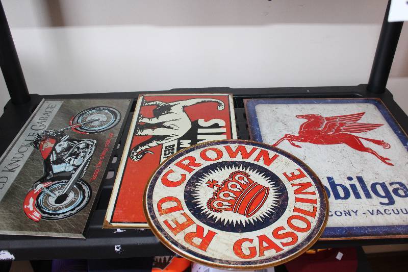 lot 332 image: Lot of (4) Vintage Automobile Signs Includes Busted Knuckle,Red Crown,Mobilgas,Sinclair