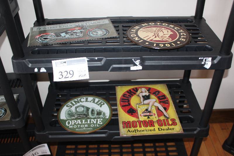 lot 329 image: Lot of (4) Vintage Automobile Signs Includes Busted Knuckle,Indian,Mobilgas,Sinclair