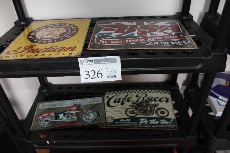 lot 326 image: Lot of (4) Vintage Automobile Signs Includes Busted Knuckle,Indian, Caf Racer, BSA