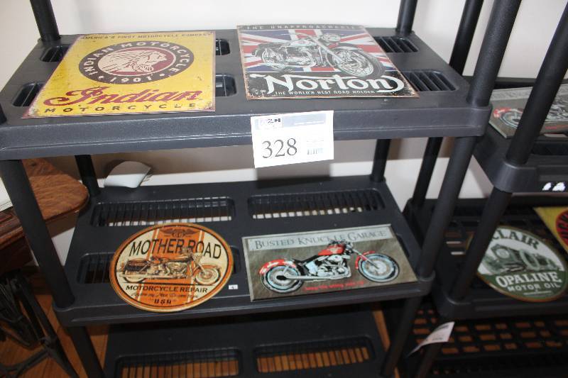 lot 328 image: Lot of (4) Vintage Automobile Signs Includes Busted Knuckle,Indian, Norton, Mother Road