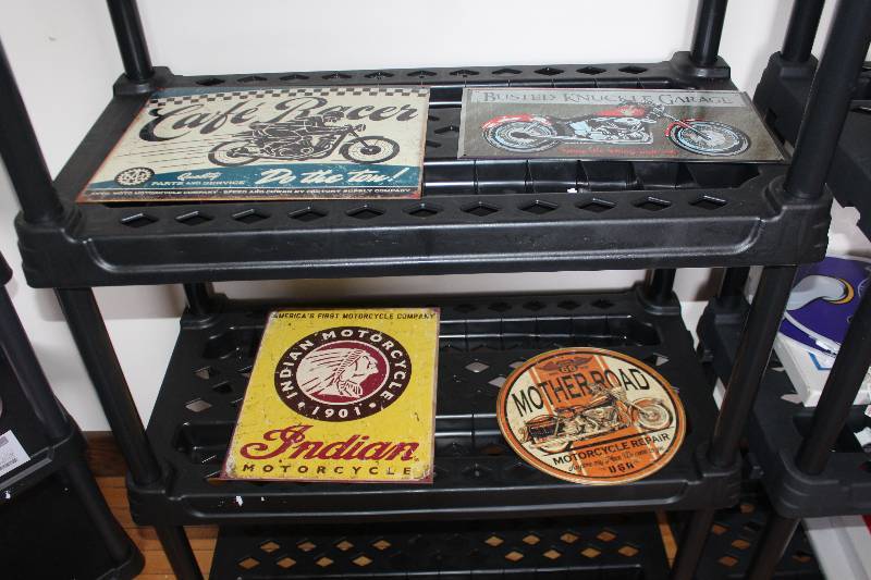 lot 327 image: Lot of (4) Vintage Automobile Signs Includes Busted Knuckle,Indian, Caf Racer, Mother Road