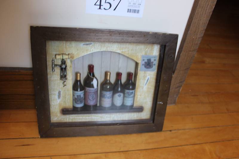 lot 457 image: Picture Box Wall Art w Wine Bottles, Cork Screw