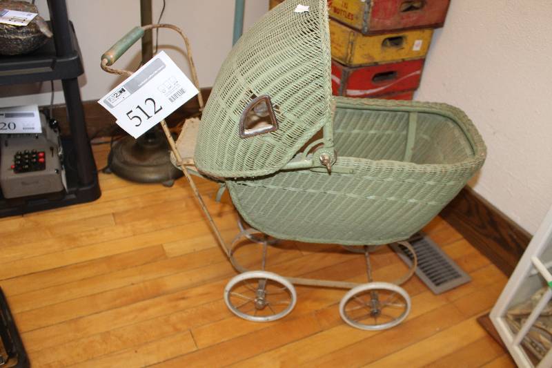 lot 512 image: Vintage Lloyd Loom Green Push Baby Carriage