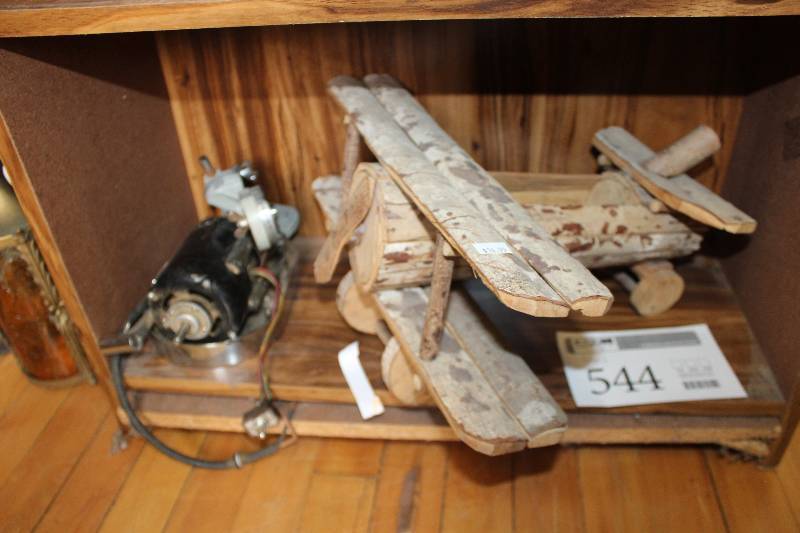 lot 544 image: Handmade Wood Propellor Airplane, Electric Motor