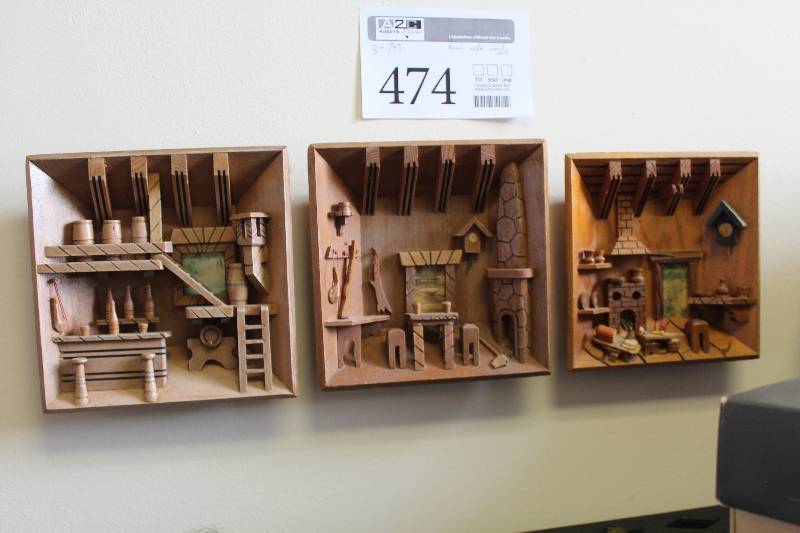 lot 474 image: Lot of (3) Hand-Made Decorative Wood Wall Art - Home Scenes
