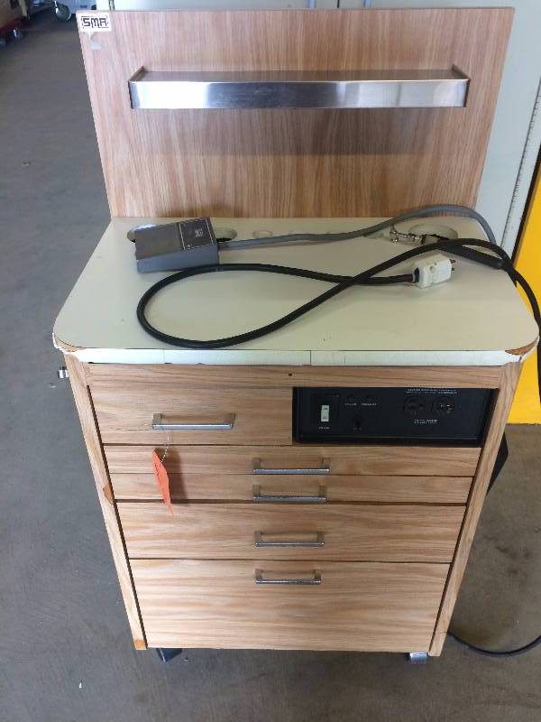 lot 15 image: Retails Used $1400 SMR Maxi Mobile Golden Oak Wood Motif Laminate ENT Ears, Nose & Throat Treatment Cabinet Equipped With TWin Motors 5 Drawers Model 41001 Super Condition