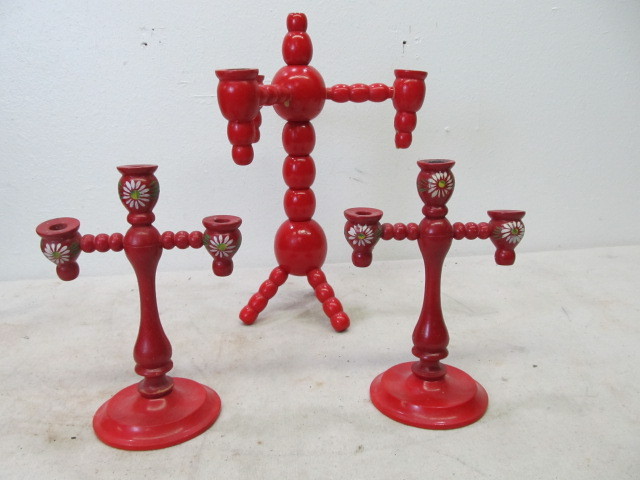 lot 75 image: 3 Vintage Swedish Painted Wood Candle Holders 