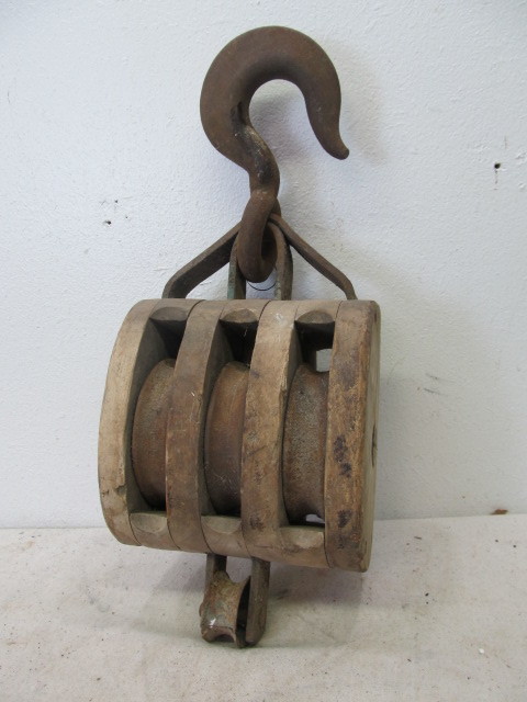 lot 120 image: Large Antique Wood TRIPLE Barn Pulley