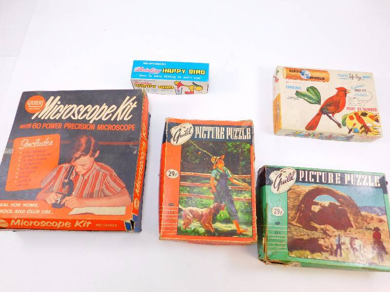 lot 77 image: Lot of Vintage Childrens Jigsaw Puzzles, Microscope Kit, Plus More