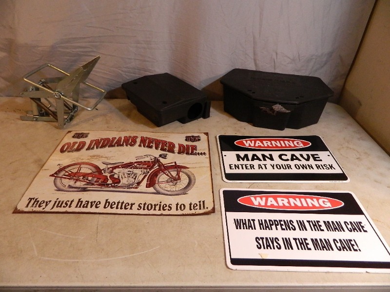 lot 76 image: Man Cave Signs, Metal Indian Motorcycle Sign, and New Animal Traps