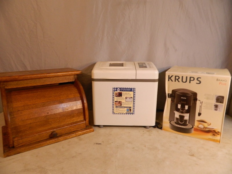 lot 123 image: Wood Bread Box, Bread Machine, and More