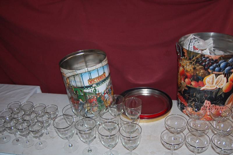 lot 143 image: Metal Tins and Matching Wine Glass Set
