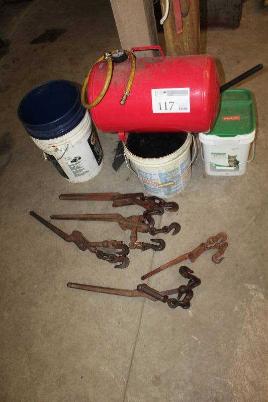 lot 117 image: Lot of (5) Chain Load Binders, Air Compressor, 5 gallon Plastic Pails