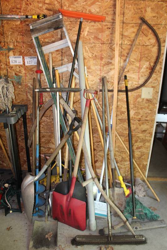 lot 127 image: Brooms, Shovels, Mops, Auger