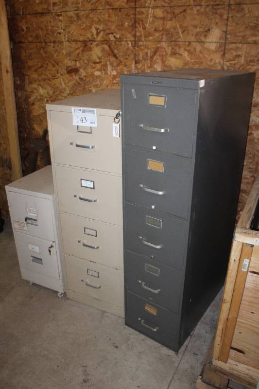 lot 143 image: Lot of (3) Locking 2,4,5-Drawer Metal File Cabinets