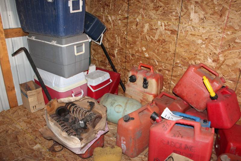 lot 145 image: Plastic Gas Cans, Ice ChestsCoolers, Automobile Parts