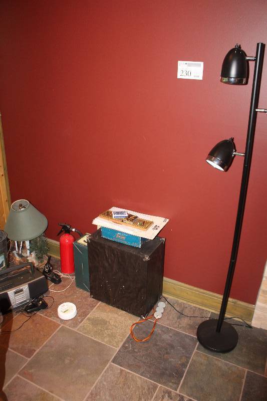 lot 230 image: Floor Lamp, Table Lamp, Portable Stereo, Fire Extinguisher, And More