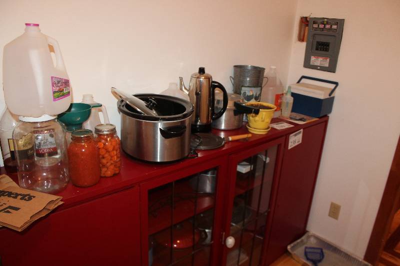 lot 239 image: Canning Supplies, Coffee Pot, Pans, Slow Cooker, Mugs, Jugs, And More