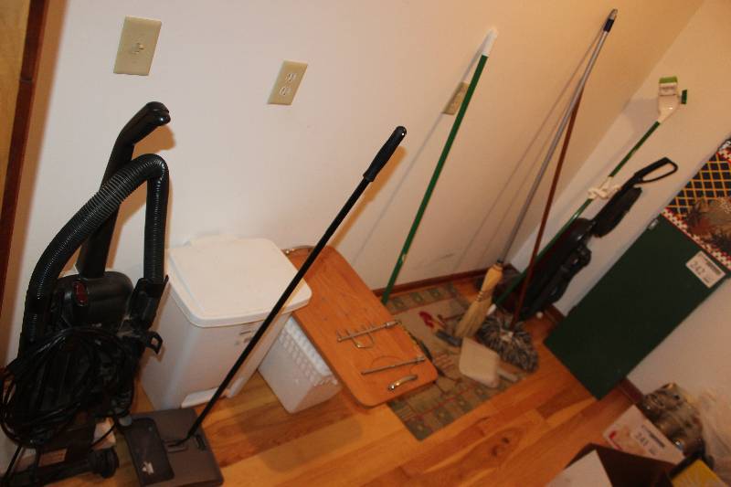 lot 243 image: Household Cleaning Equipment Includes Vacuum, Sweeps, Brooms, Dust Pan, And More