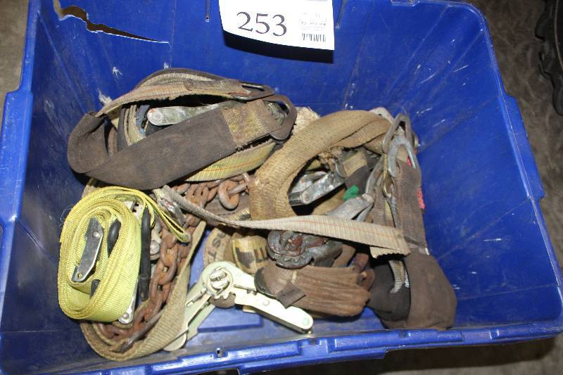 lot 253 image: Bin of Nylon Tie Down Straps, Various Lengths