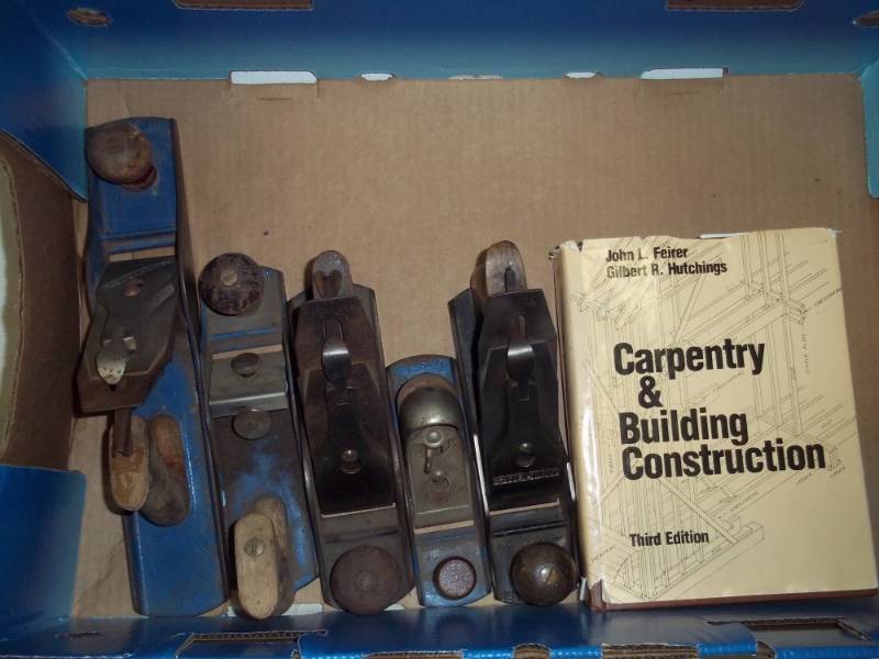 lot 13 image: Large Carpentry & Building Construction book. 5 wood planes different sizes.