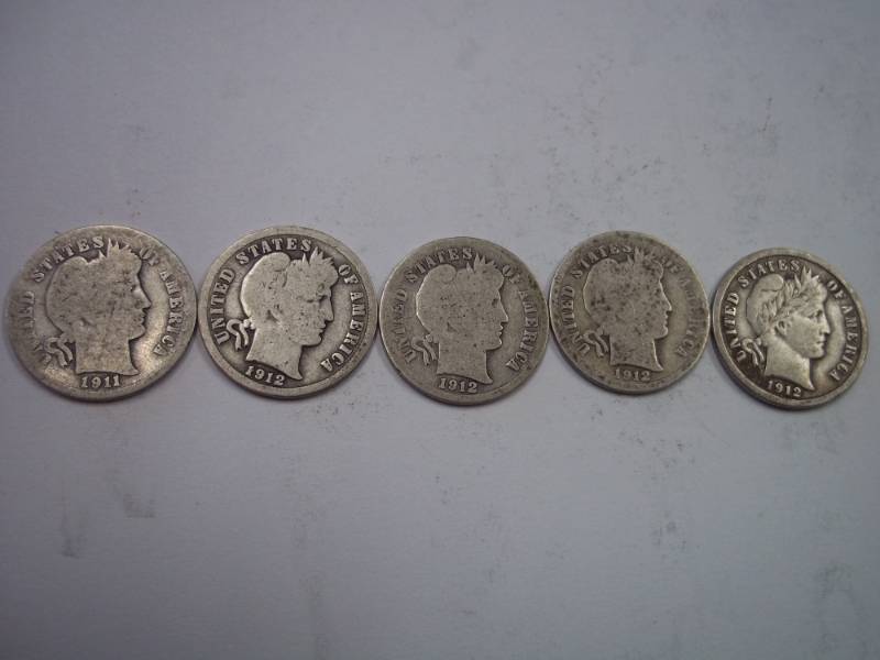 lot 107 image: Group Lot of 5  90% Silver Barber Dimes