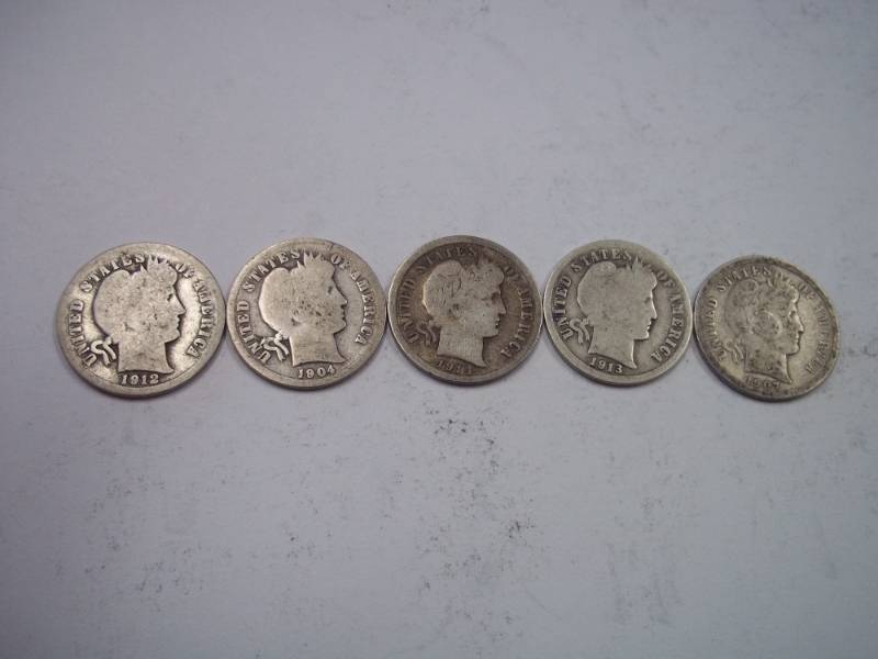 lot 108 image: Group Lot of 5  90% Silver Barber Dimes