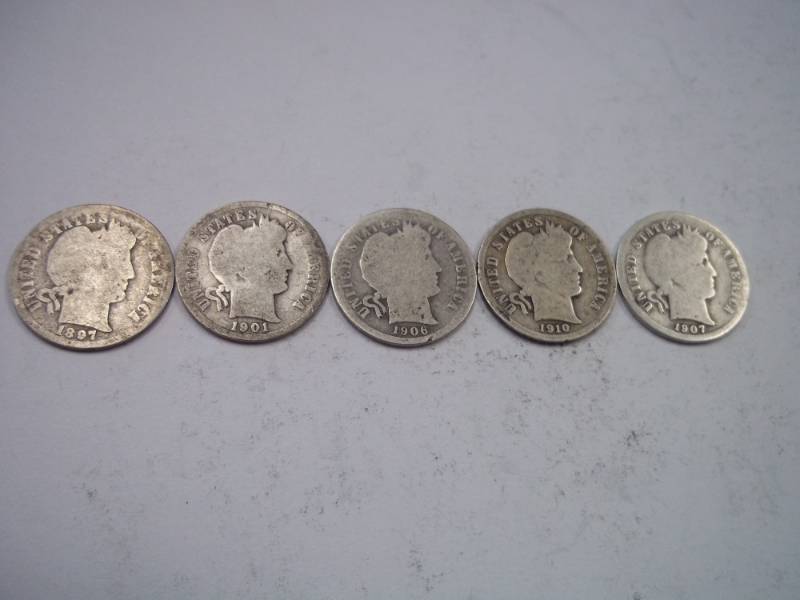 lot 110 image: Group Lot of 5  90% Silver Barber Dimes