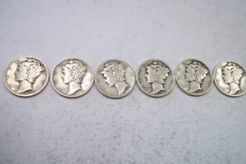 lot 188 image: Group Lot of 6  90% Silver Mercury Dimes 1936