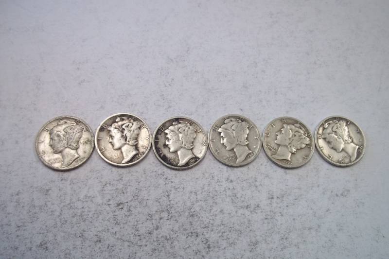 lot 193 image: Group Lot of 6  90% Silver Mercury Dimes 1942