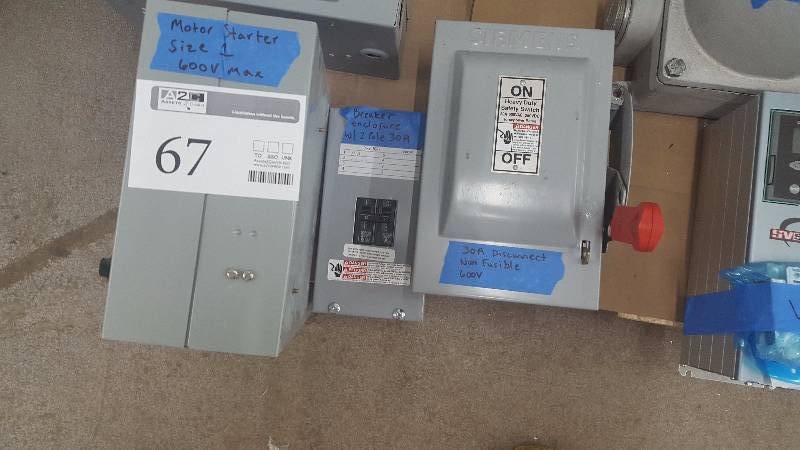 lot 67 image: Lot of (3) - (1) Motor Starter Size 1 600 V Max, (1) Breaker Enclosure with 2 pole 30 Amp, AND (1) 30 Amp Disconnect Non-Fusible 600 V