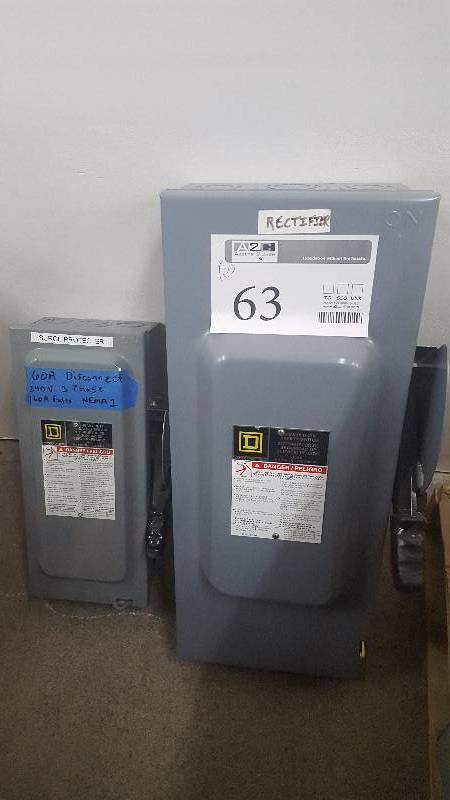 lot 63 image: Lot of (2) - (1) 100 Amp Fusible Disconnects 3 phase, 240 V with 90 A Fuses Nema 1 and (1) 60 Amp Fusible Disconnect 3 phase, 240 V with 60 A fuses Nema 1