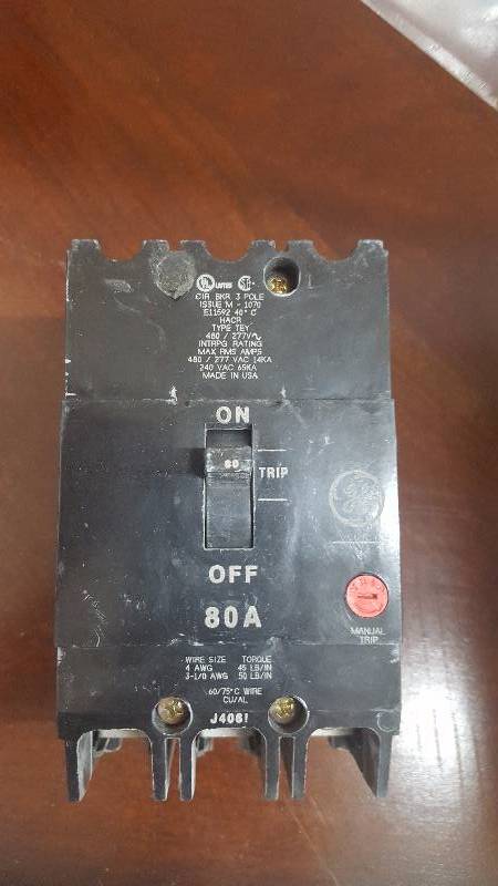 lot 76 image: GE 3-pole 80 Amp TEY Breaker