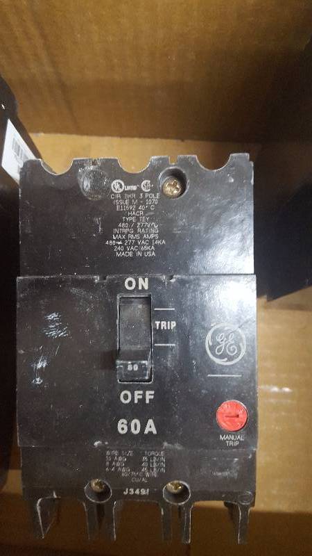 lot 77 image: GE 3-pole 60 Amp TEY Breaker