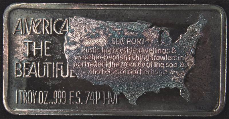 1 TROY OZ. .999 FINE SILVER BAR VINTAGE AMERICA THE BEAUTIFUL SEA PORT-NICE TONING