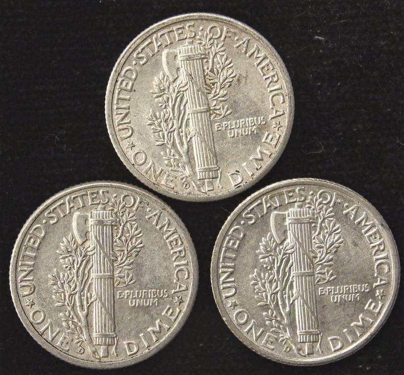 GROUP OF 3 MERCURY DIME 1940-D, 1941-D & 1944-D ALL UNC & FULL SPLIT BANDS