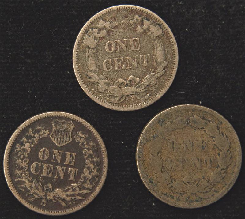 GROUP OF 3 SMALL CENTS 1858SL FLYING EAGLE VG & 2 INDIANS 1859 VG & 1861 FINE