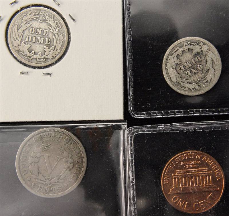 GROUP OF 4 COINS - 1961D 1C BU, 1912 5C FINE, 1907 & 1916 BARBER 10C GOOD