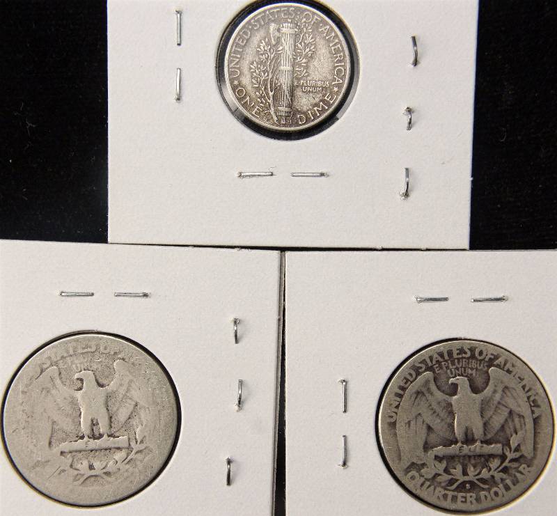 (2) SILVER WASHINGTON QUARTERS (35 & 36S) & (1) 1944 MERCURY DIME