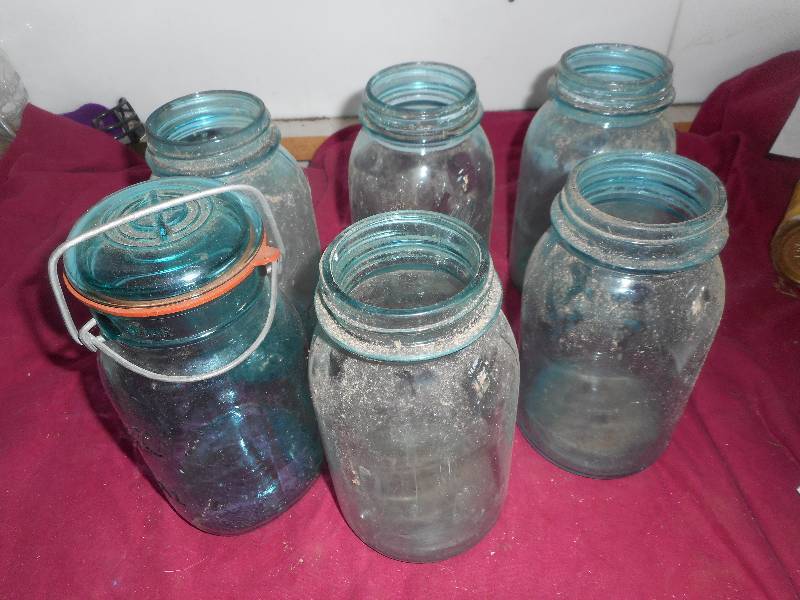 6 VINTAGE GREEN BALL JARS