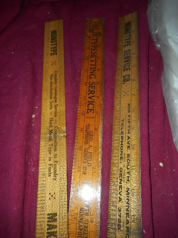 VINTAGE WOODEN RULERS AND RED OWL BAGS