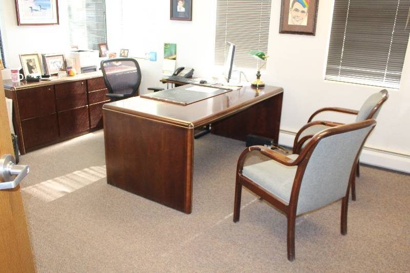 Office Furniture Includes Desk, Stacking Credenza, 2-Padded Office Chairs