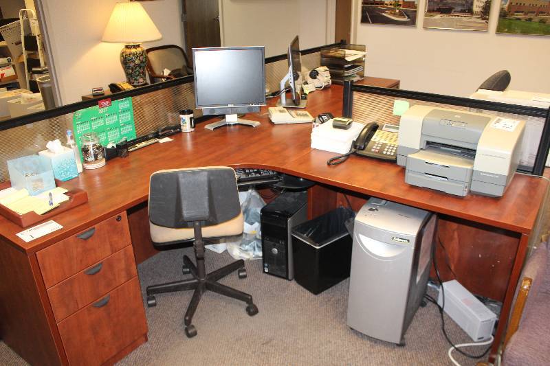 Office Furniture Includes 2-Lshaped Desks w Plexi-glass Panels, Keyboard Trays, 2-Chairs, Contents Except Computers